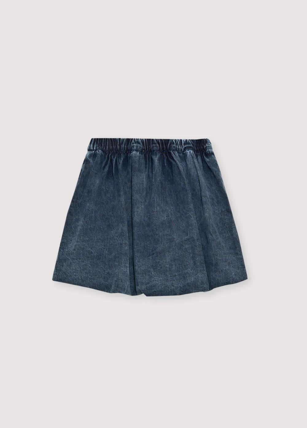 Short washed dark denim bubble skirt with an elastic waistband.