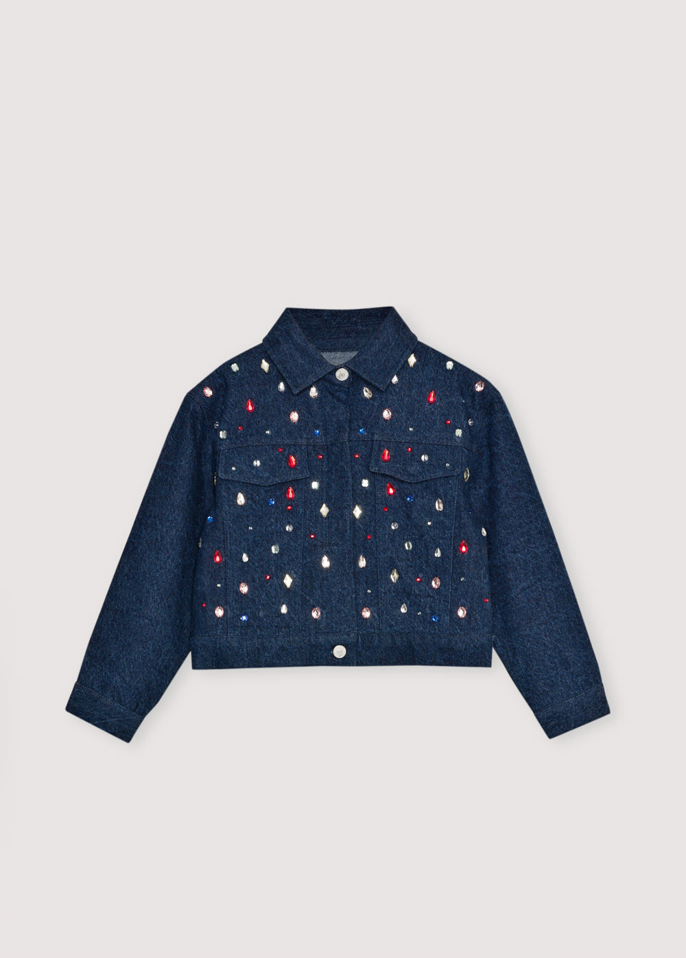 Dark denim jacket with hand-applied multicolored crystal details. TNS embroidery in lurex. Perfect for pairing with the matching pant.