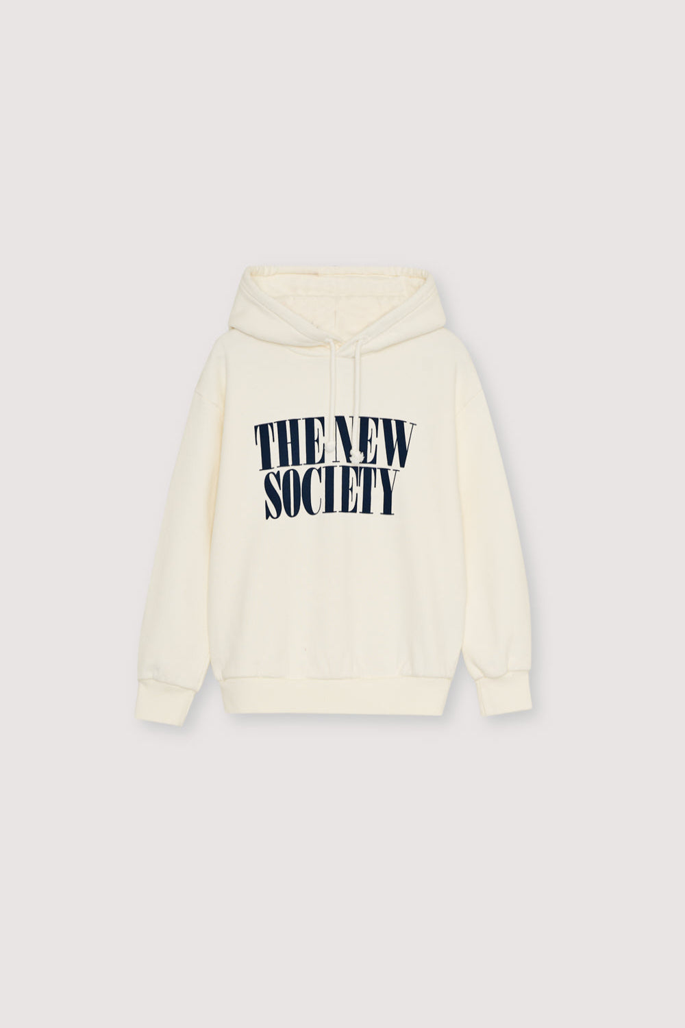 This Moonlight White hoodie features a contrasting "The New Society" print that adds a bold touch to a minimalist design