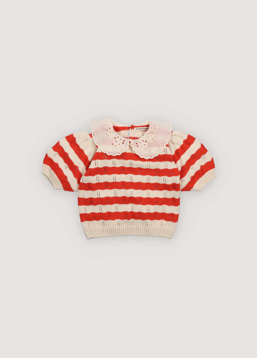 Bicolor striped short-sleeved knit sweater with delicate contrast lace collar detail. It features elastic ribbing at the hem and also elastic cuffs. It's a perfect garment to create a fun total look with the matching pants. Spring Summer Collection. The New Society.