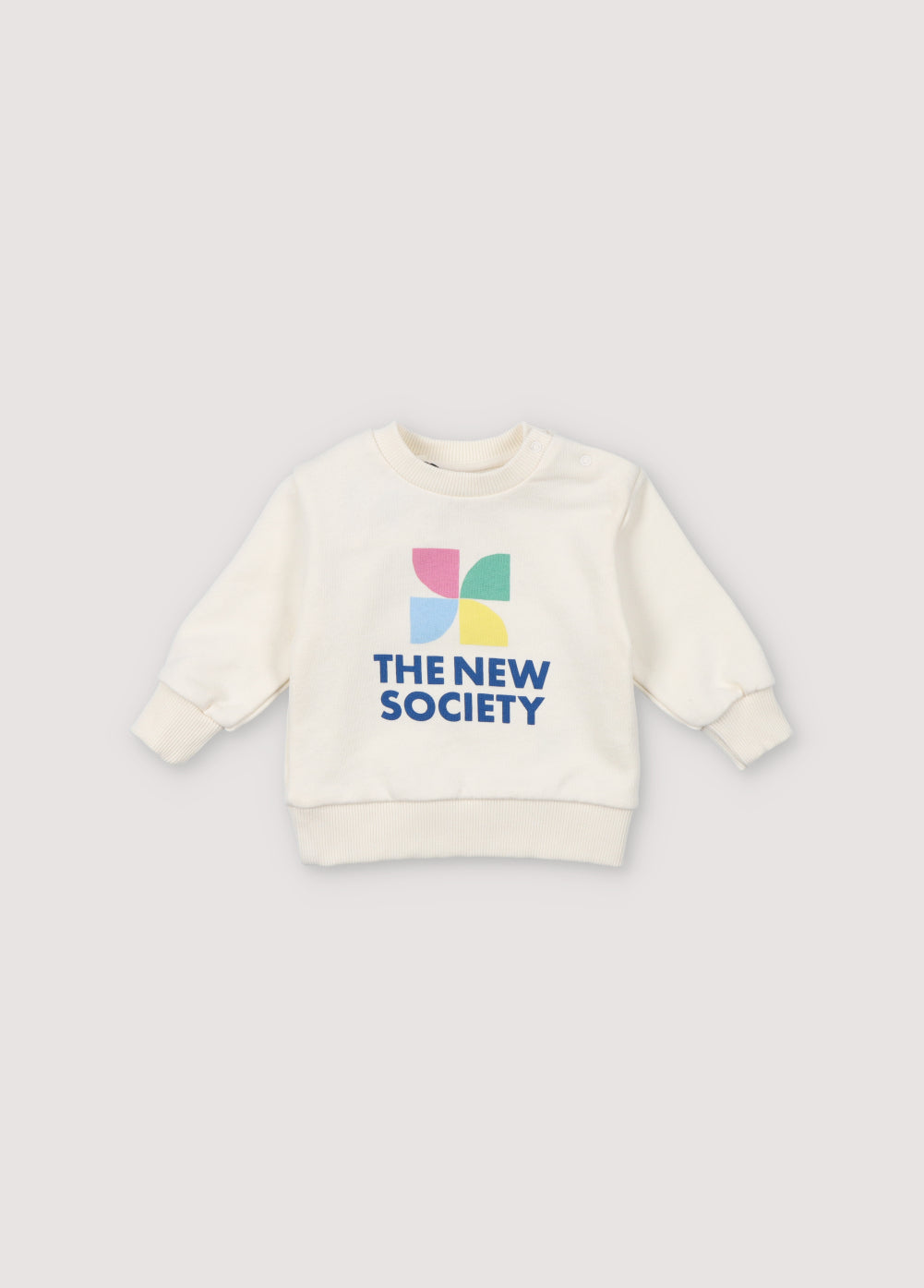Our classic branded sweatshirt with a colorful logo and ribbed collar, cuffs, and hem, featuring shoulder opening with tone-on-tone snaps. Spirng Summer Collecton. The New Society.