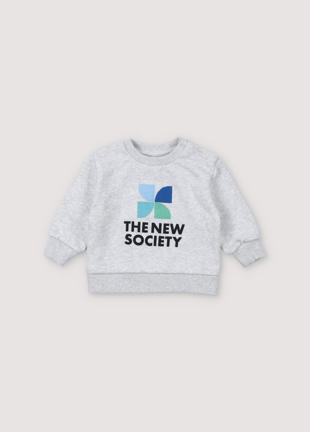 Our classic branded sweatshirt with a colorful logo and ribbed collar, cuffs, and hem, featuring shoulder opening with tone-on-tone snaps. Spring Summer Collection. The New Society.