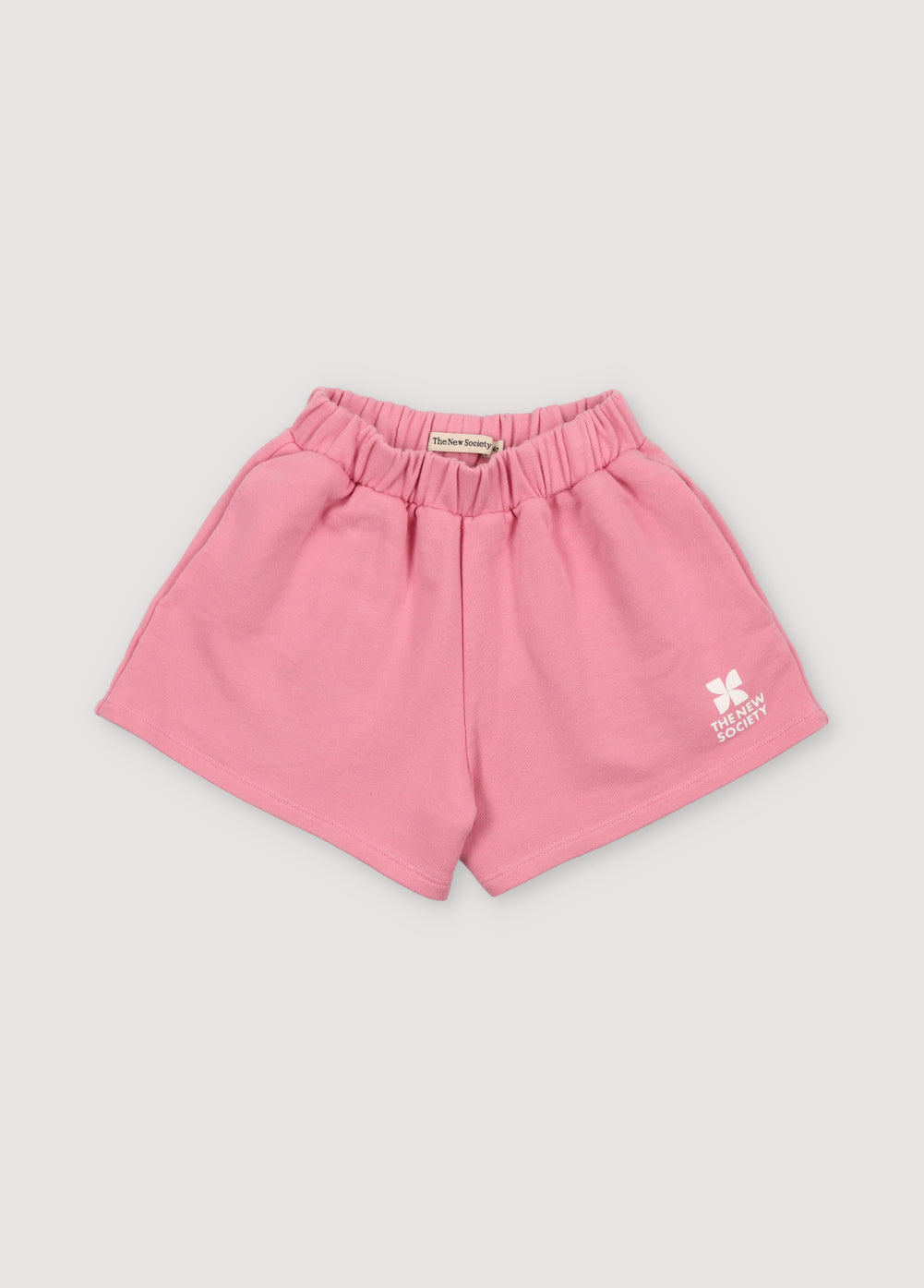 Short with elastic waistband, drawstring, side pockets, and contrast logo print. Spring Summer Collection. The New Society.