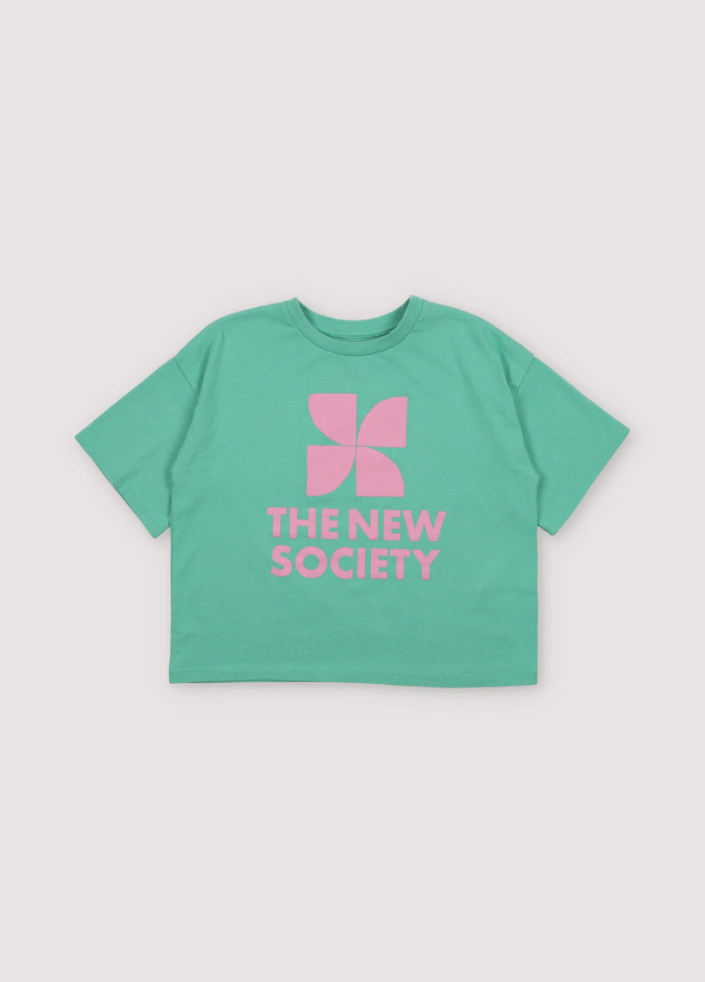 Short-sleeved, drop-shoulder t-shirt with colorful logo on the front. Spring Summer Collection. The New Society.
