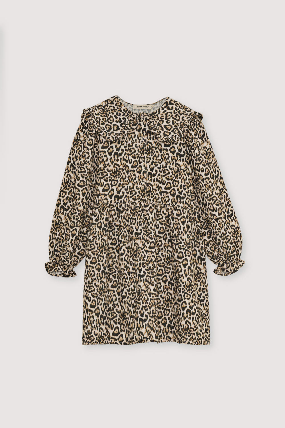 This short dress features a soft double gauze fabric with a bold leopard animal print in the Nelia pattern