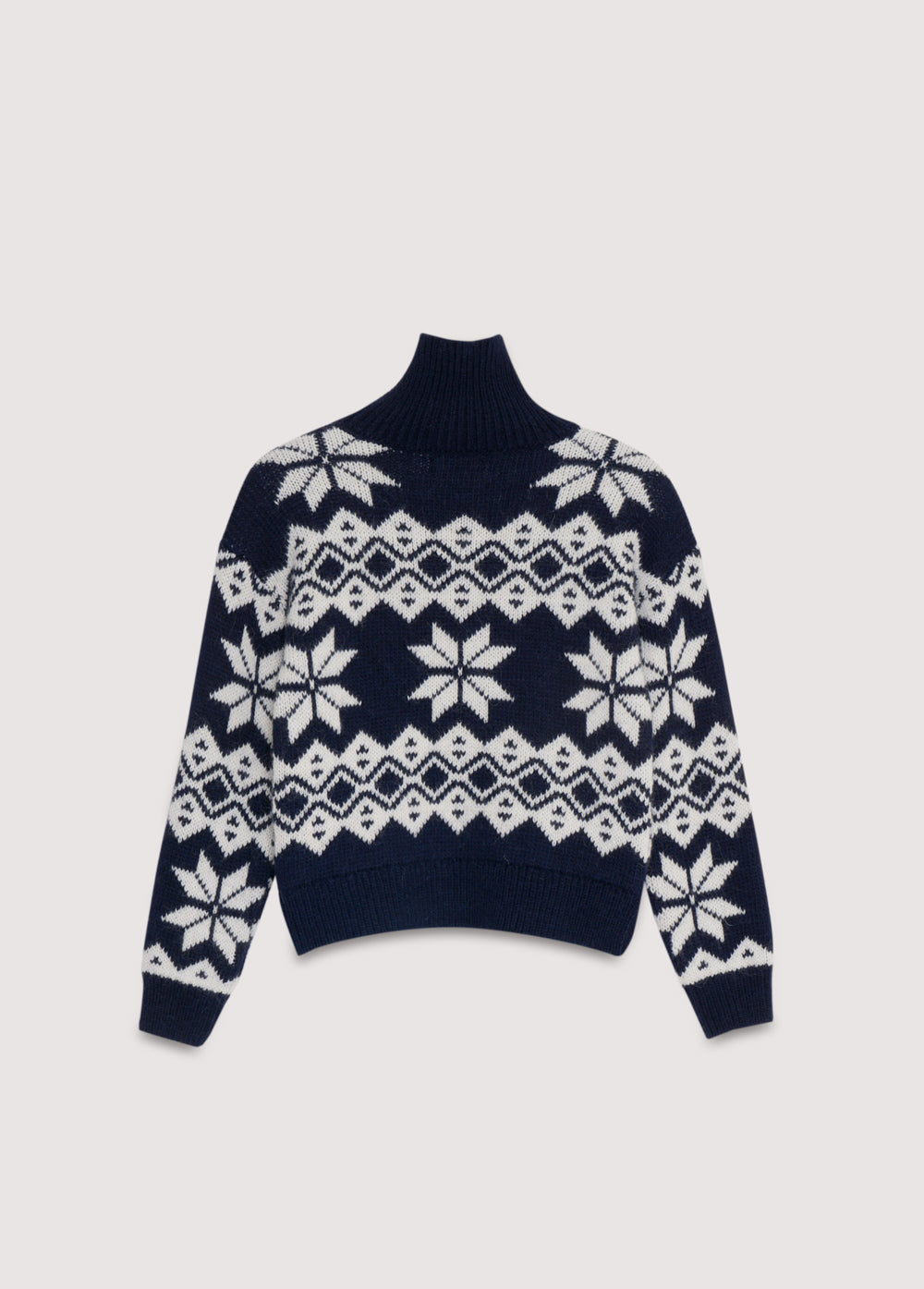 Cropped wide-fit sweater in a luxurious alpaca and wool blend, featuring a high ribbed neck and a beautiful contrasting jacquard pattern.