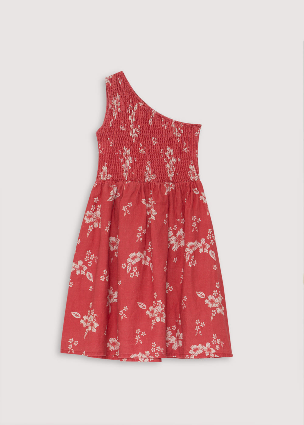 Nauplia Teen Dress in 100% linen with our chili beach flowers print. The dress features an asymmetric smocked bodice, with a waist cut that will create volume in the skirt. Spring Summer Collection. The New Society.