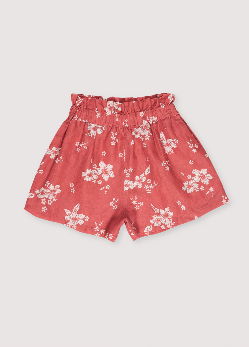 Nauplia Woman Short in 100% linen with our chili beach flowers print. Wide shorts with ruffle detail on the waistband.
