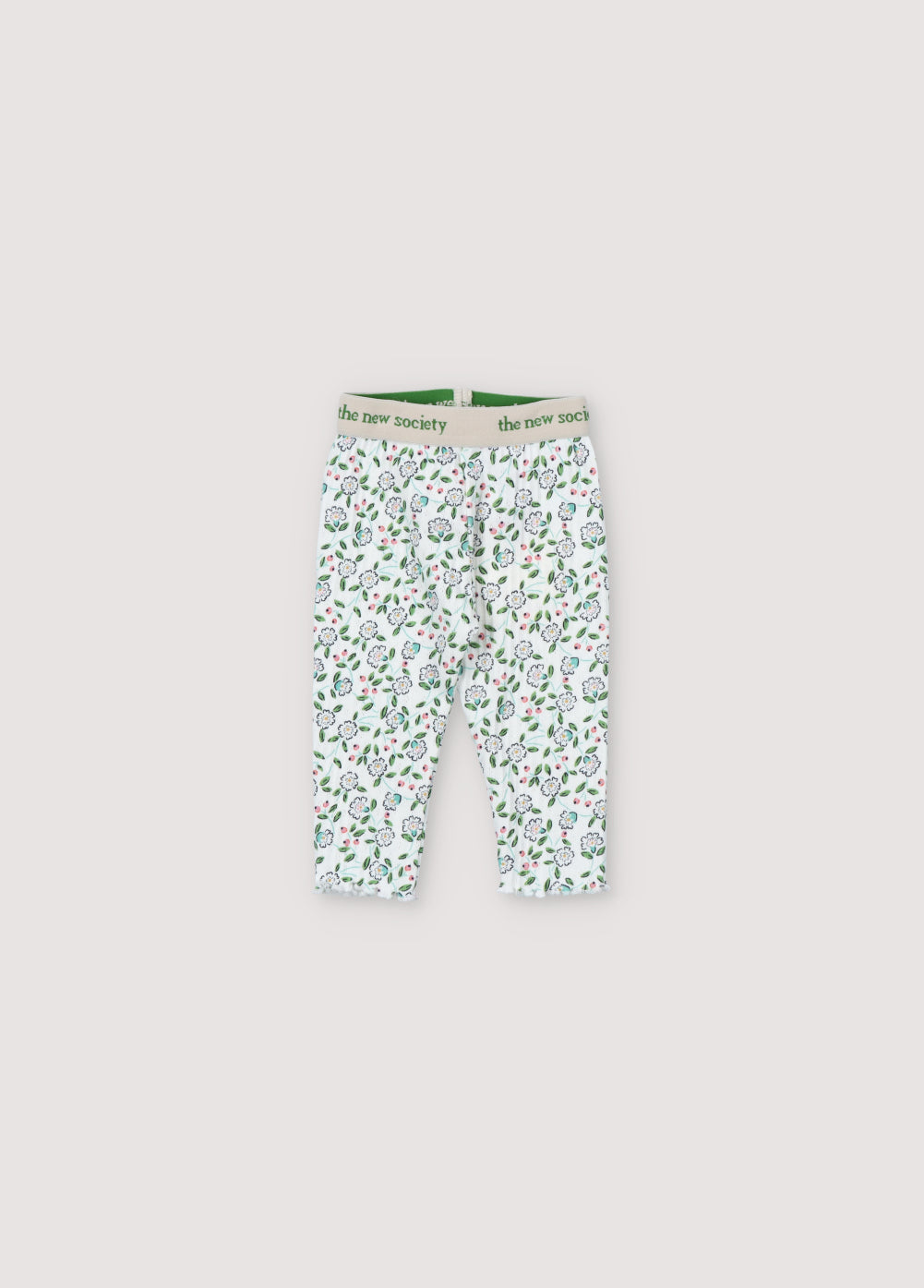 Ribbed openwork leggings with a lovely floral print. They feature an elastic waistband with a contrast logo and finished hem with baby overlock. Perfect to pair with the matching t-shirt. Spring Summer Collection. The New Society.