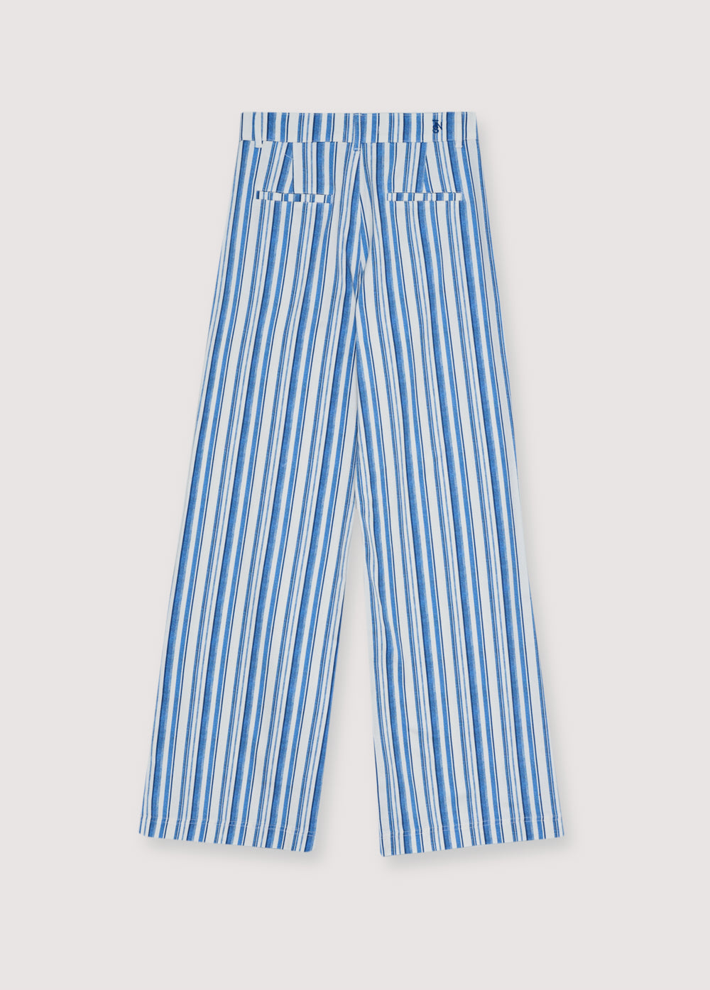 Women’s blue striped denim pants crafted with a refined contrasting stripe print that elevates a timeless silhouette.