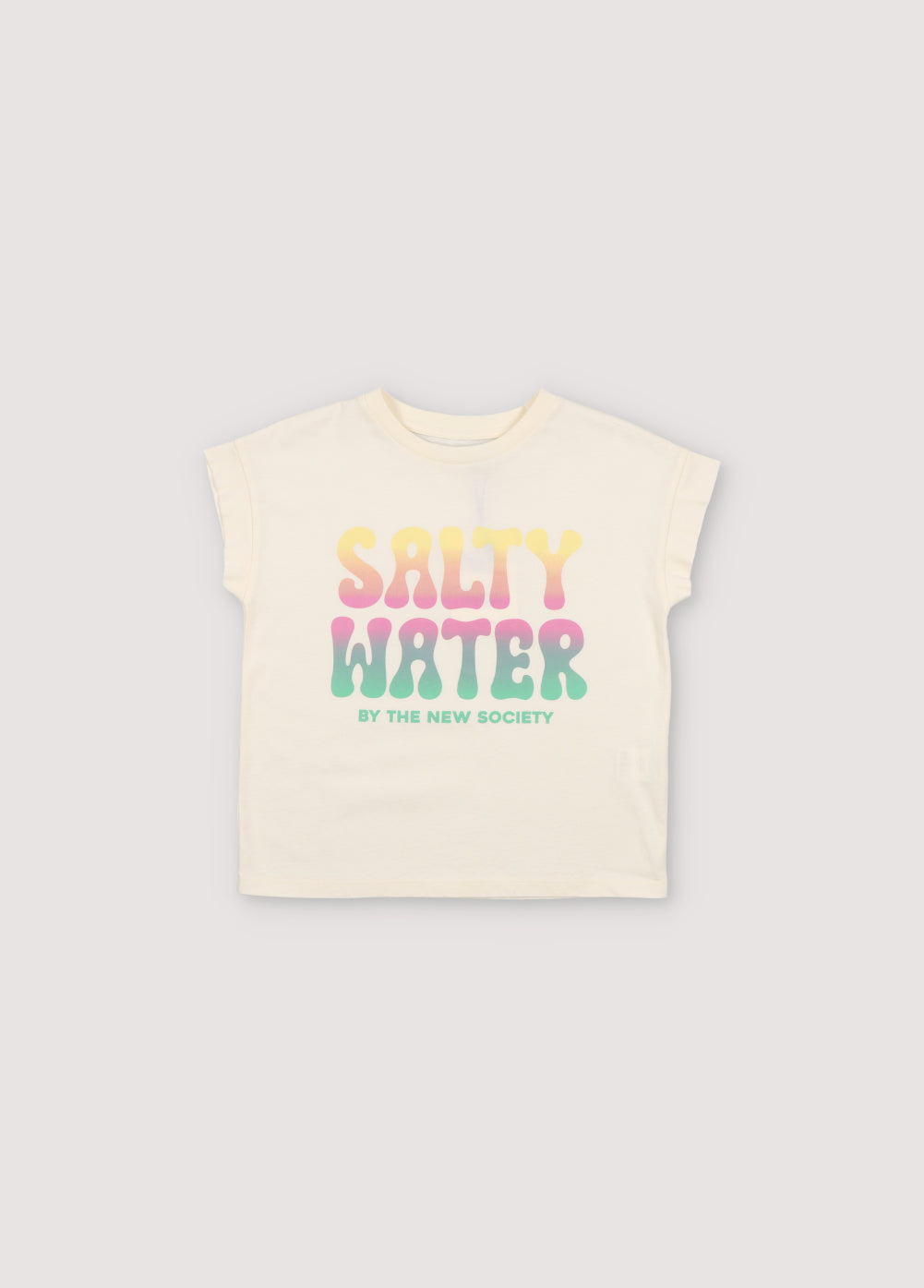 T-shirt with a "salty water" positional logo featuring the colorful collection palette and ribbed neckline. Spring Summer Collection. The New Society.
