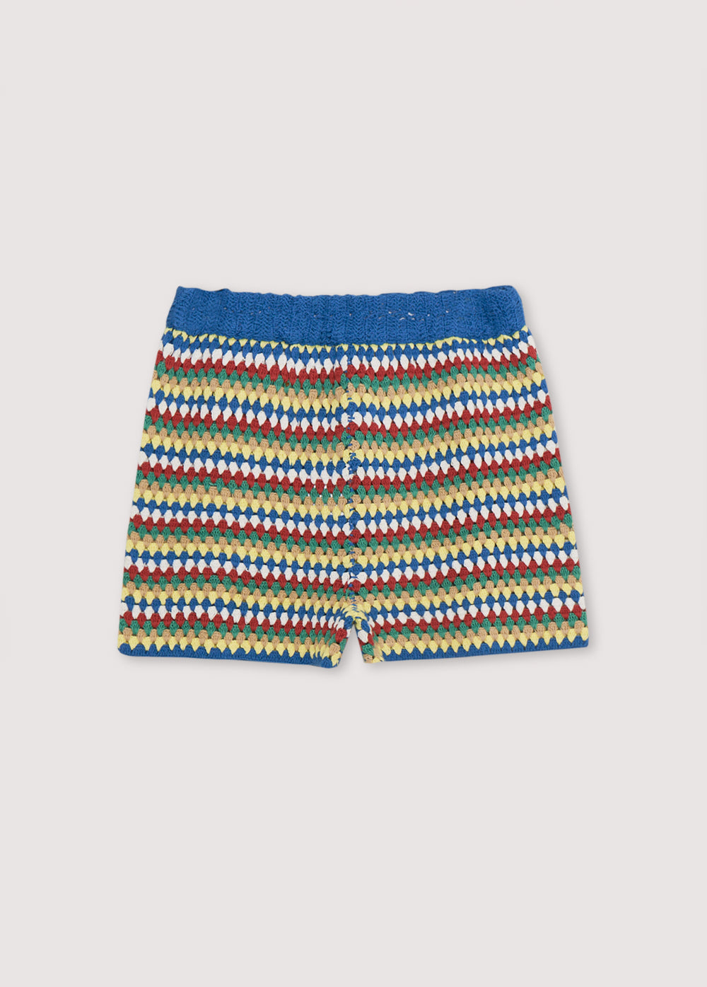 Crochet shorts with colorful stripes and ribbed elastic waistband. It comes with a jumper and a bucket hat to create a total look.