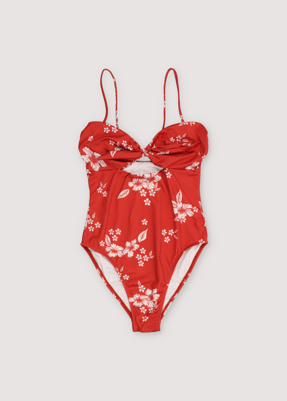 Floral bikini with a front opening and an adjustable bow at the chest.