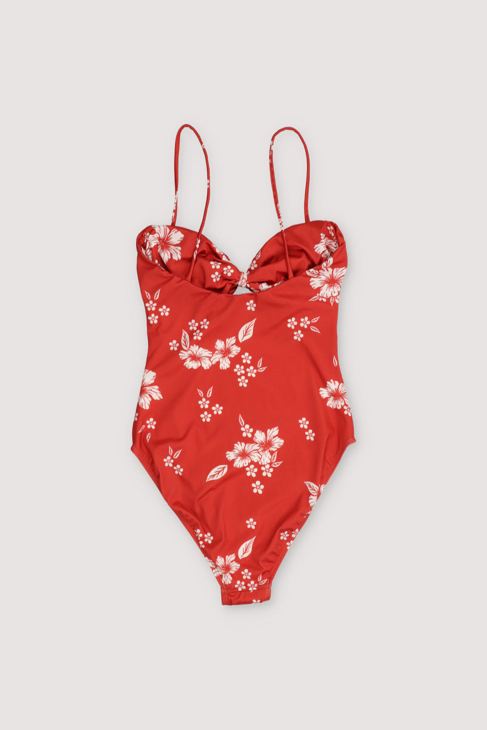 Floral bikini with a front opening and an adjustable bow at the chest.