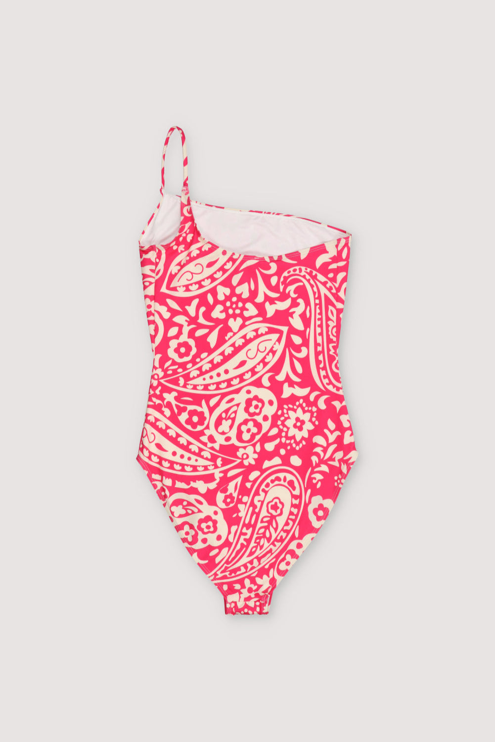 Asymmetric one-shoulder swimsuit with a beautiful fucsia print.