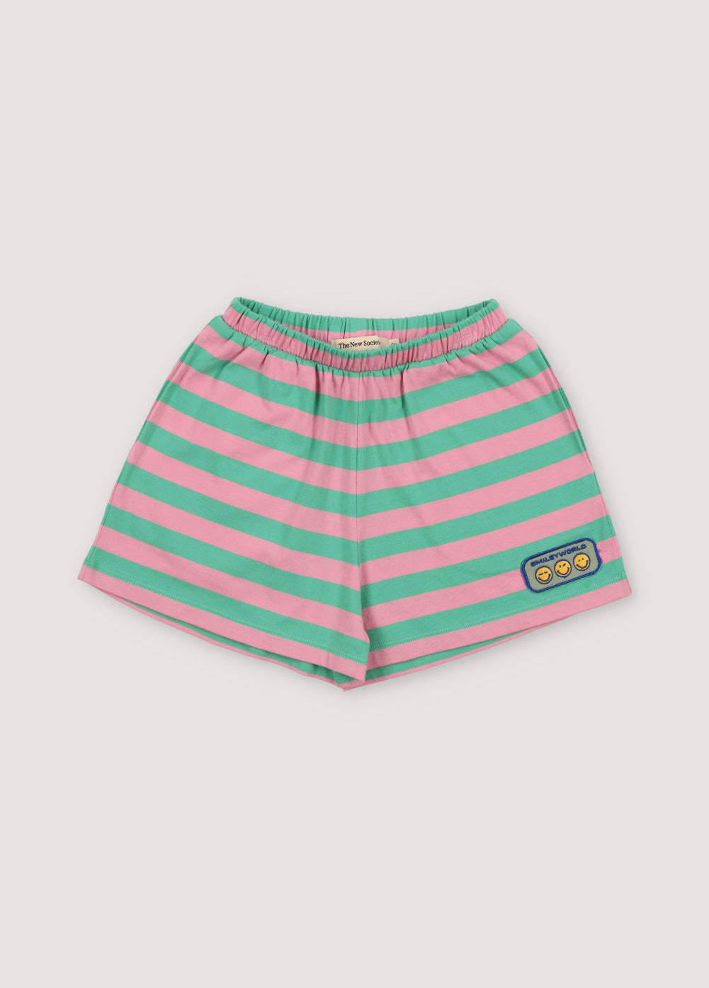 Shorts with fun bicolor stripes, elastic waistband with a drawstring, and a matching SMILEYWORLD patch. Perfect to combine with the matching T-shirt. Spring Summer Collection. The New Society.