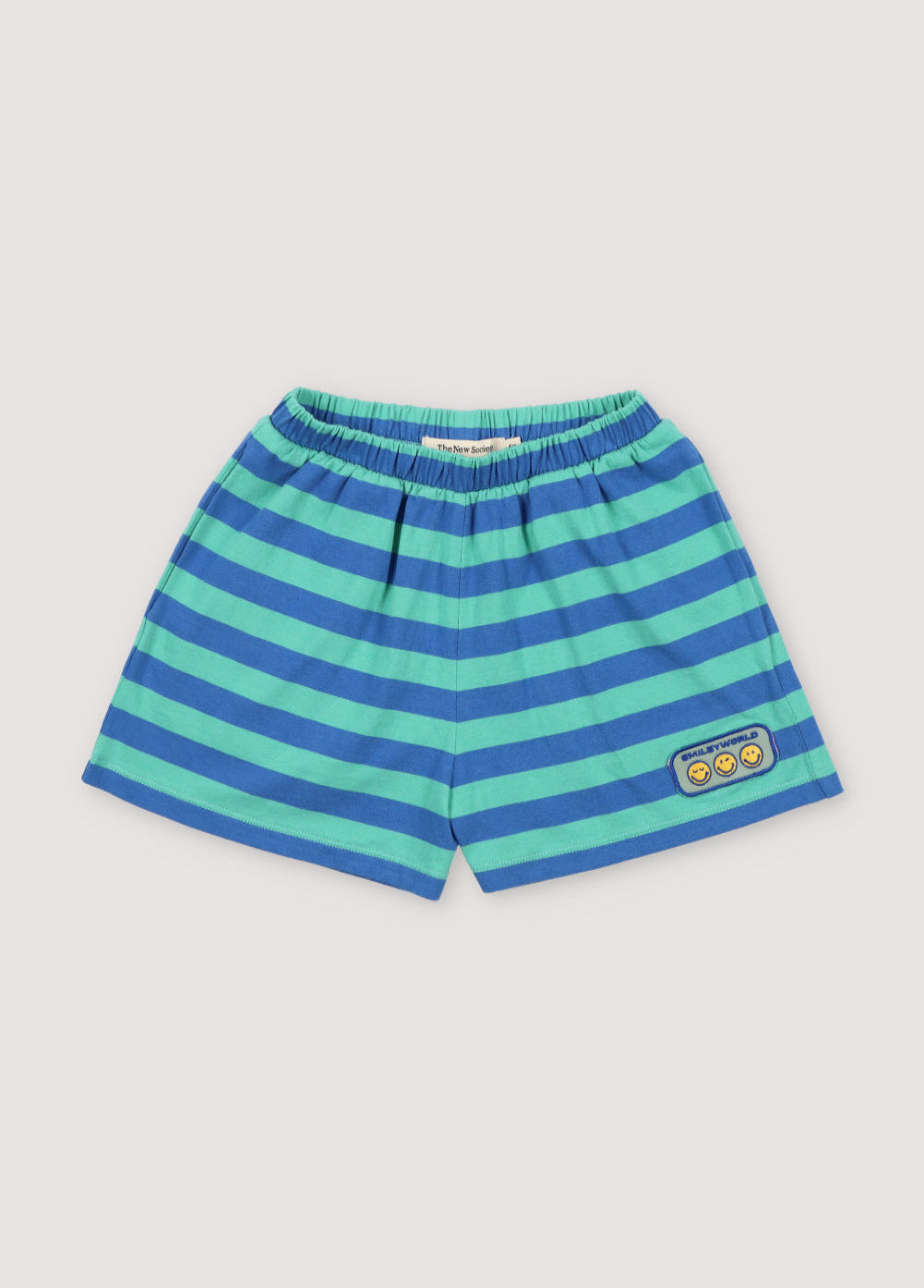 Shorts with fun bicolor stripes, elastic waistband with a drawstring, and a matching SMILEYWORLD patch. Perfect to combine with the matching T-shirt. Spring Summer Collection. The New Society.