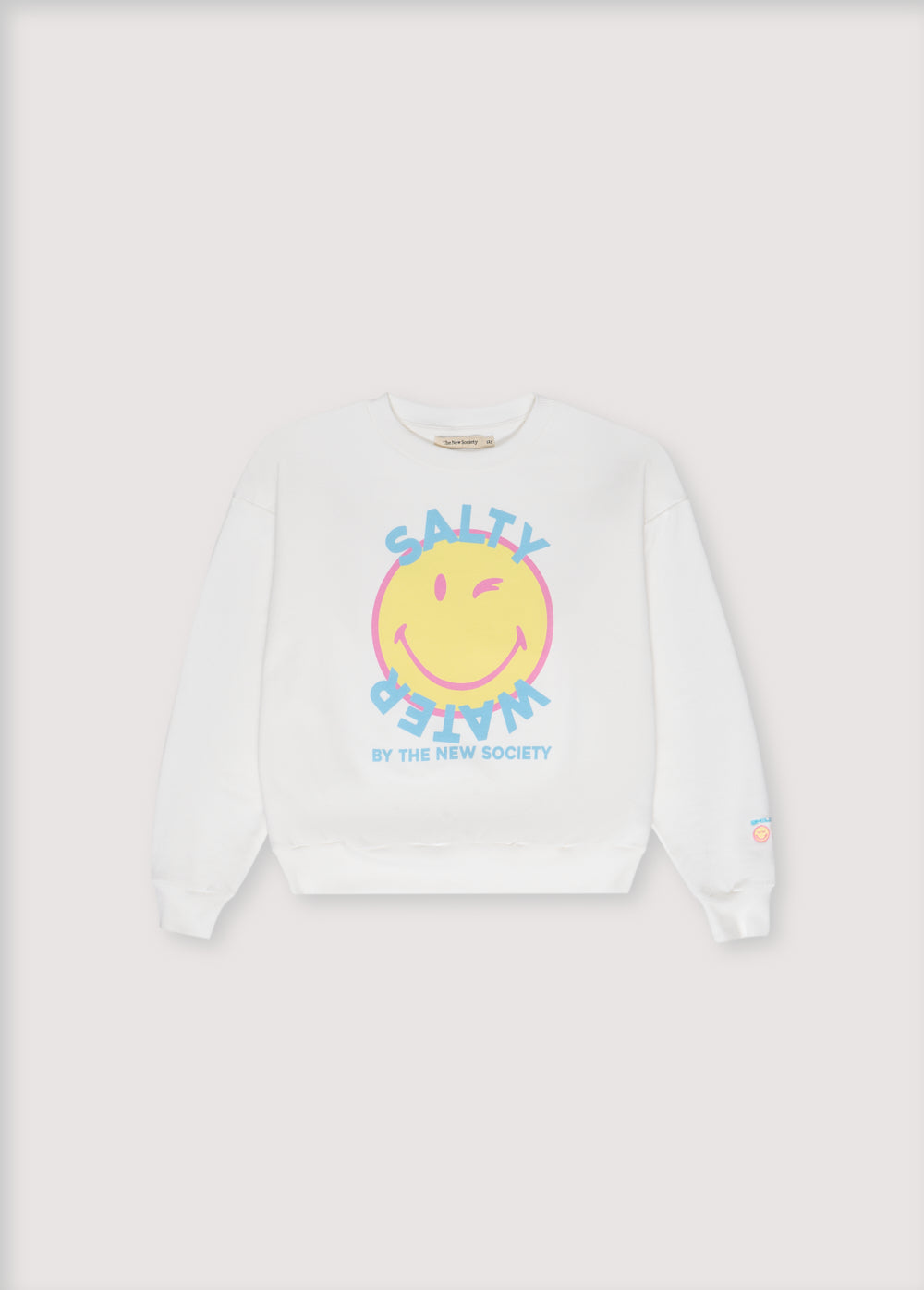 SMILEYWORLD sweatshirt with a colorful print on the front and a patch in the same colors on the sleeve. Spring Summer Collection. The New Society.