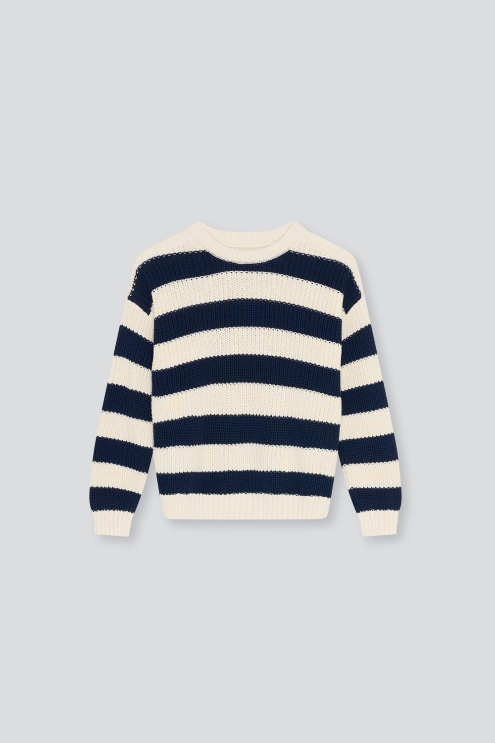 Our classic two tone striped sweater in ribbed cotton knit, featuring ribbed finishes at the neckline, sleeves, and hem for a comfortable, polished fit.