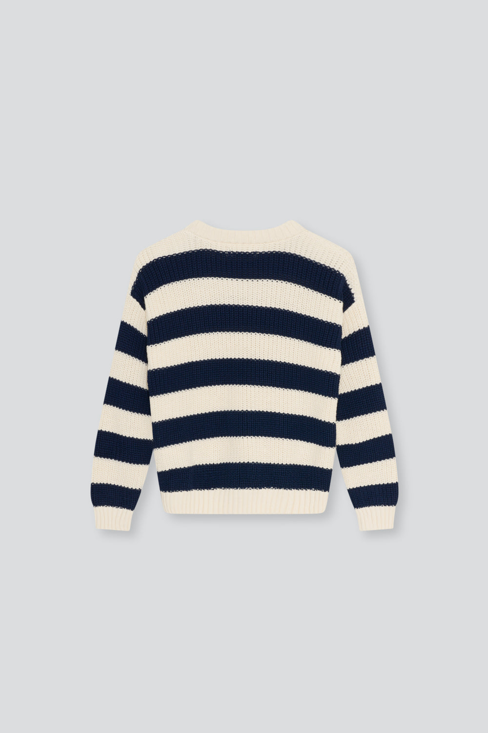 Our classic two tone striped sweater in ribbed cotton knit, featuring ribbed finishes at the neckline, sleeves, and hem for a comfortable, polished fit.