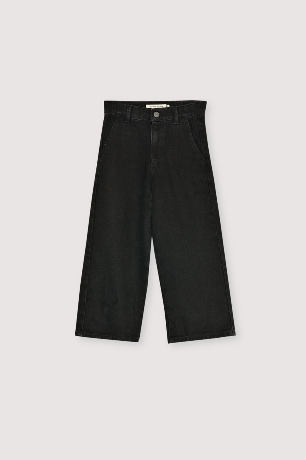 Kids’ wide-leg denim pants in a classic black wash, offering a comfortable and stylish look.