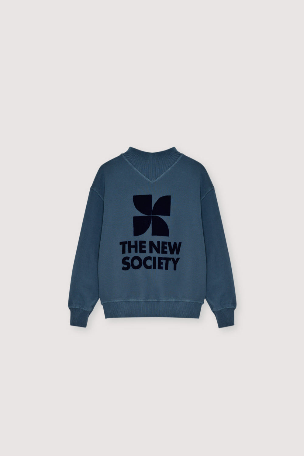 Blue sweatshirt with 'The New Society' logo on a light gray background