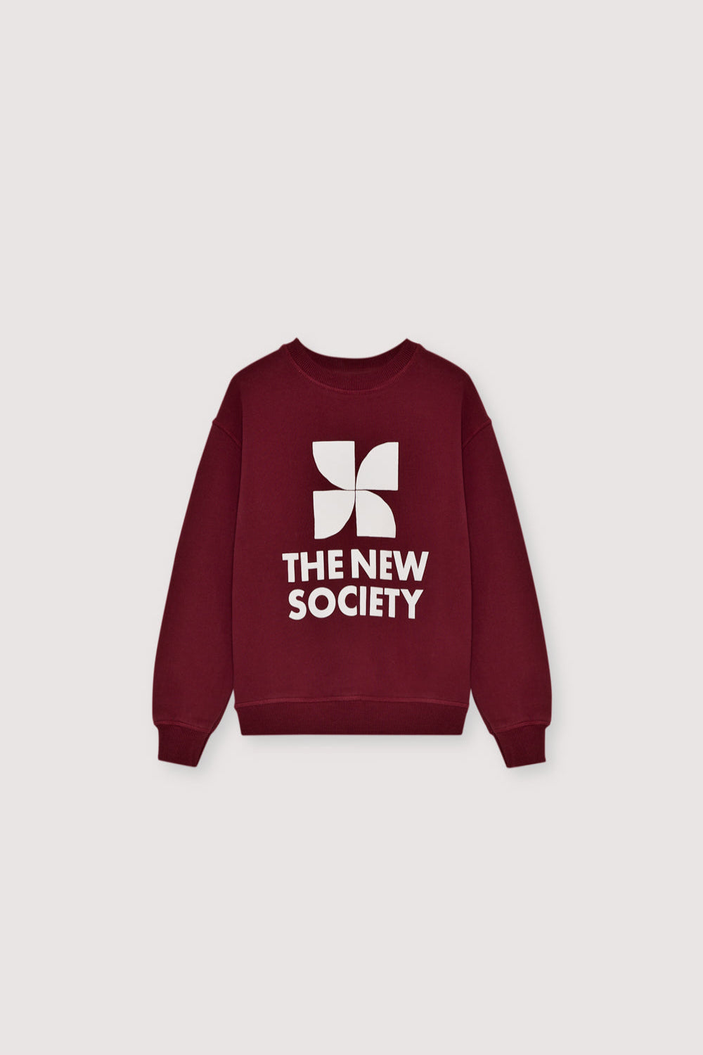 Maroon sweatshirt with 'The New Society' logo on a light gray background. Kids Collection. Best Seller.