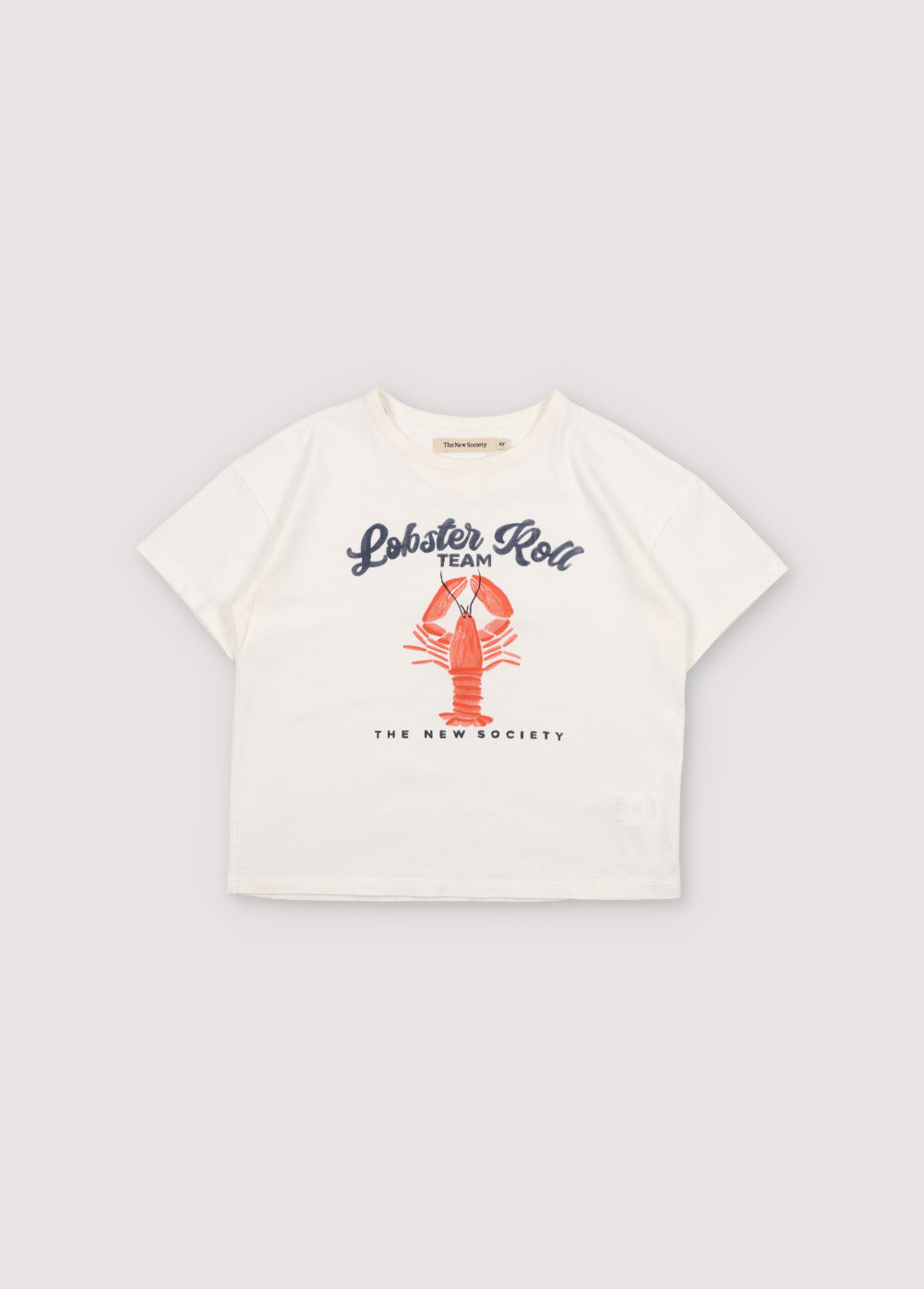 Short-sleeved t-shirt with contrast detailing on the collar and sleeves and a playful lobster print on the front. Spring Summer Collection. The New Society.