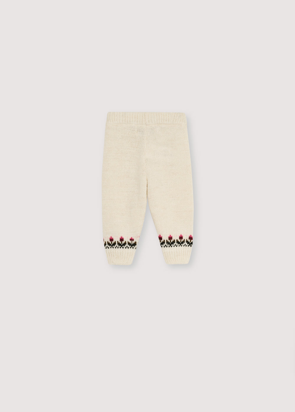 Pants in a soft alpaca and wool blend, with a ribbed waistband and cuffs. They feature a colorful jacquard detail at the hem. Pair with the matching cardigan to create a complete look.