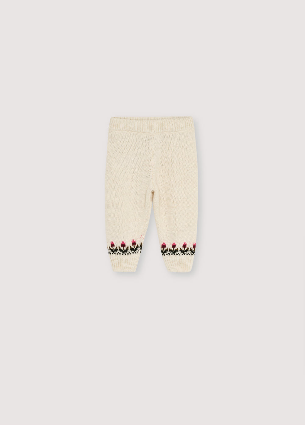 Pants in a soft alpaca and wool blend, with a ribbed waistband and cuffs. They feature a colorful jacquard detail at the hem. Pair with the matching cardigan to create a complete look.