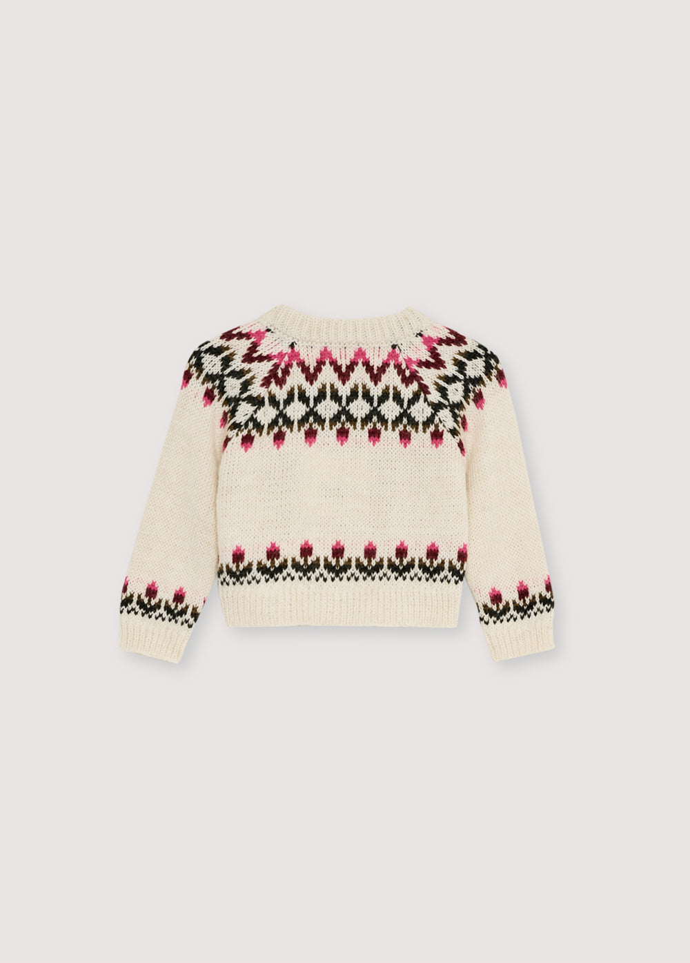 Cardigan in a luxurious alpaca and wool blend, featuring a front opening with wooden buttons and a beautiful floral jacquard design on the front, back, and sleeves. It pairs perfectly with matching pants for a complete look.