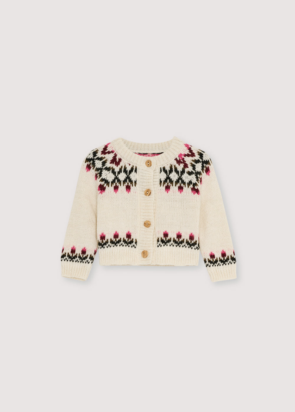 Cardigan in a luxurious alpaca and wool blend, featuring a front opening with wooden buttons and a beautiful floral jacquard design on the front, back, and sleeves. It pairs perfectly with matching pants for a complete look.