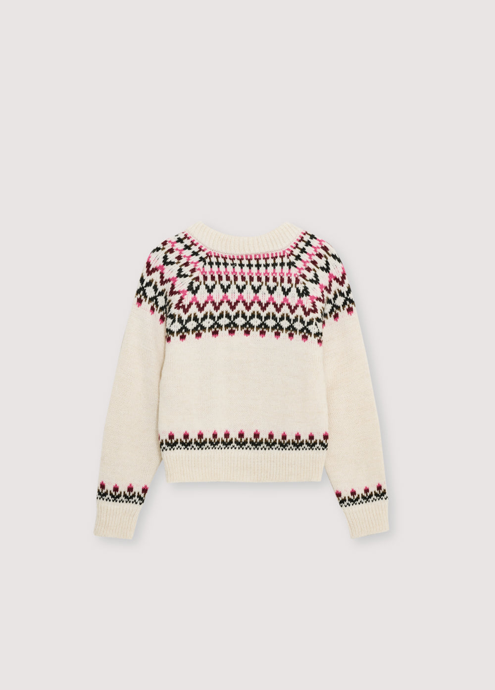 Cardigan in a luxurious alpaca and wool blend, featuring a front opening with wooden buttons and a beautiful floral jacquard design on the front, back, and sleeves.