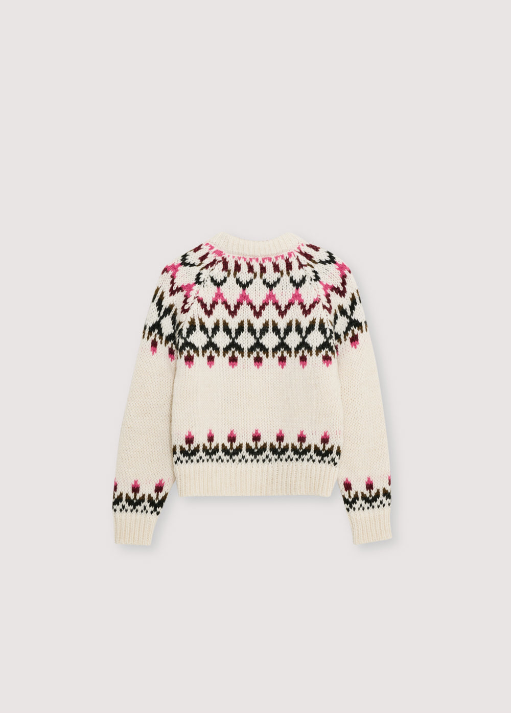 Jumper made from a soft alpaca and wool blend, featuring a beautiful colorful floral jacquard pattern on the front, back, and sleeves. It has ribbing at the neckline, hem, and cuffs.