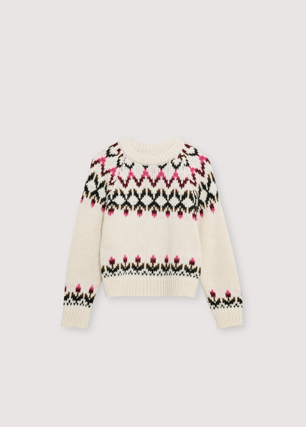 Jumper made from a soft alpaca and wool blend, featuring a beautiful colorful floral jacquard pattern on the front, back, and sleeves. It has ribbing at the neckline, hem, and cuffs.