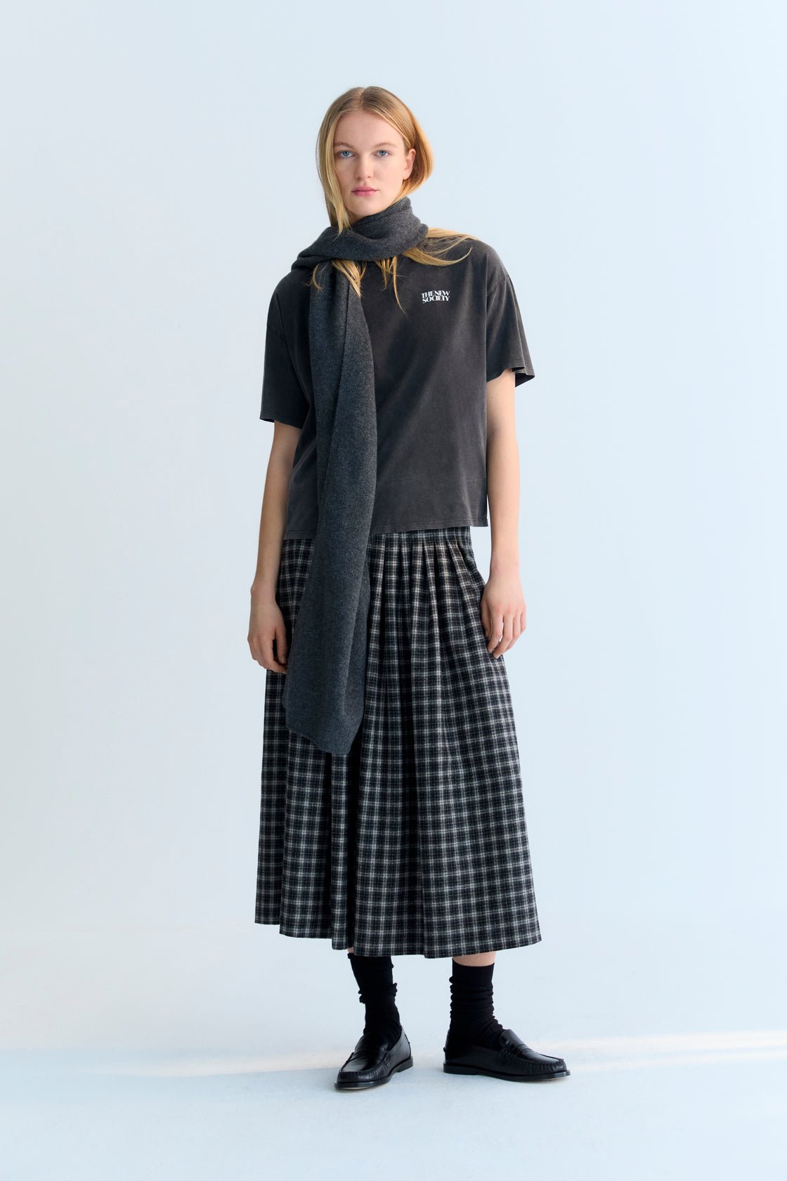 Long ribbed cashmere scarf, paired with the matching beanie.