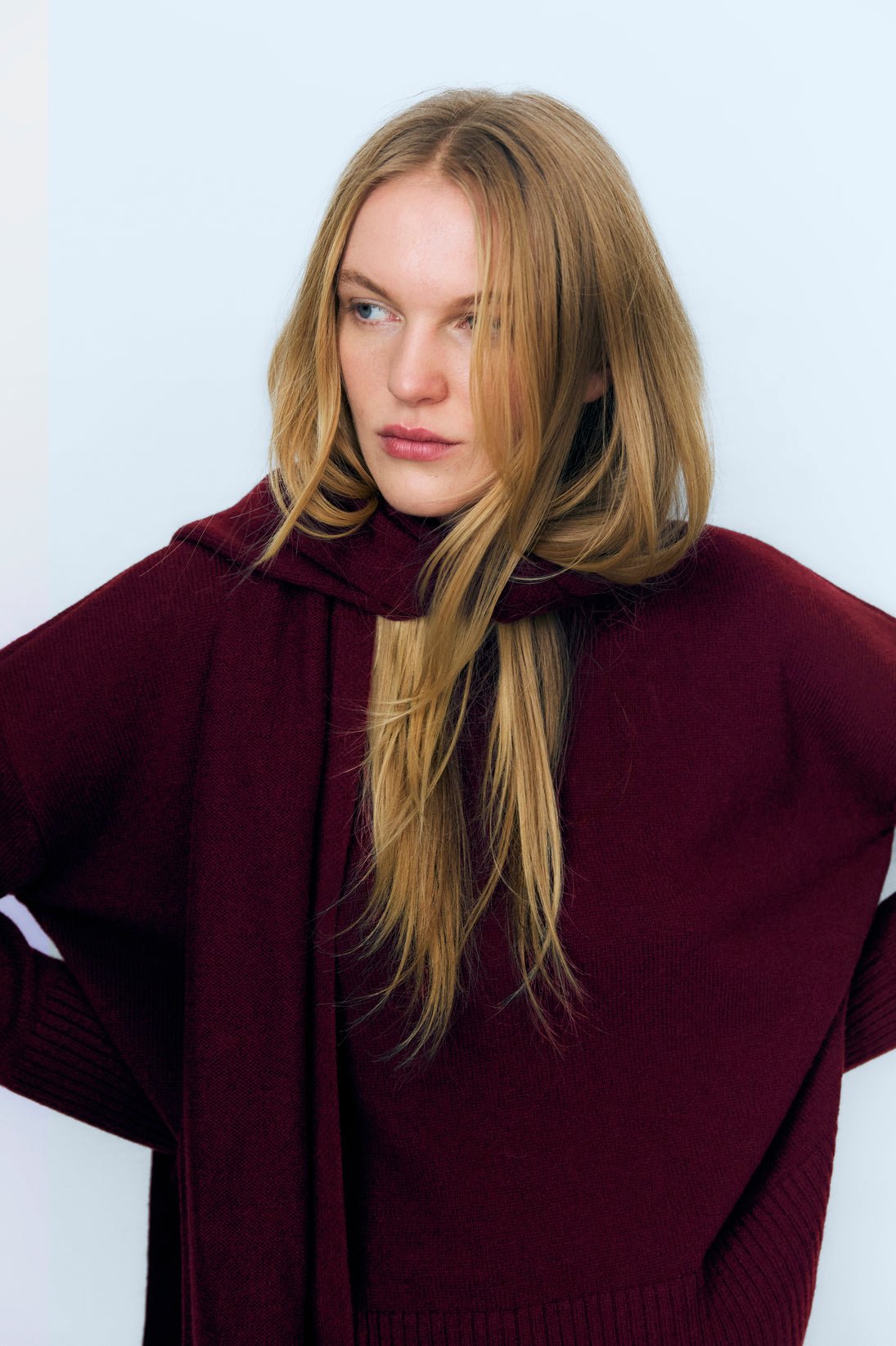 Long ribbed cashmere scarf, paired with the matching beanie.