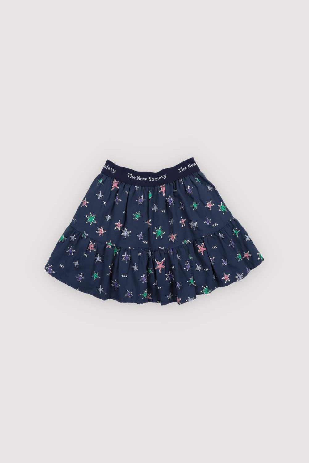 Navy blue skirt with colorful butterfly pattern on a light gray background