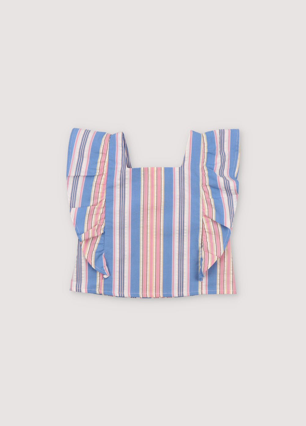 Blouse Chara en tissu rayé 100% coton, avec volants sur les côtés et dos réglable par lien.