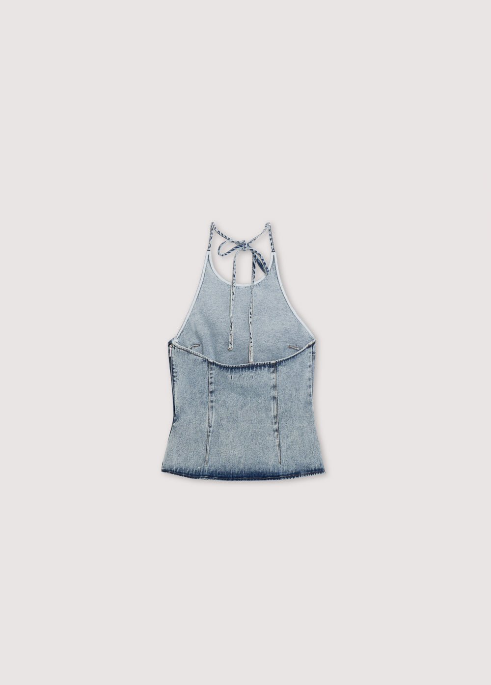 Chios Teen Top in denim fabric 100% cotton, halter neck top with bust darts and a fitted waist, with a side zipper. Spring Summer Collection. The New Society.