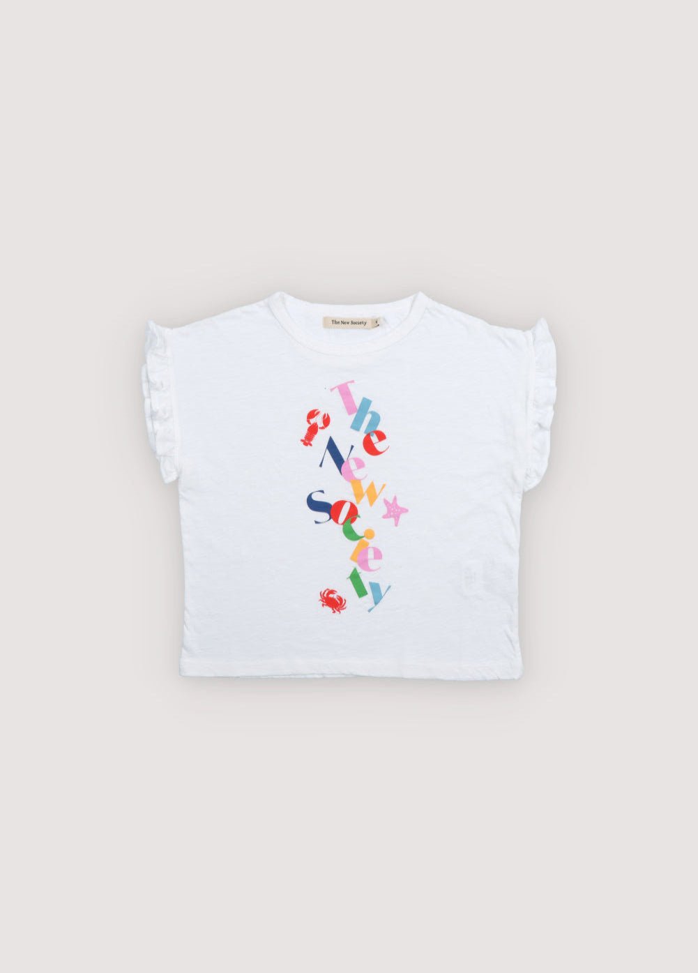 Flame T-shirt with ruffles on the sleeves and a playful brand print on the front.