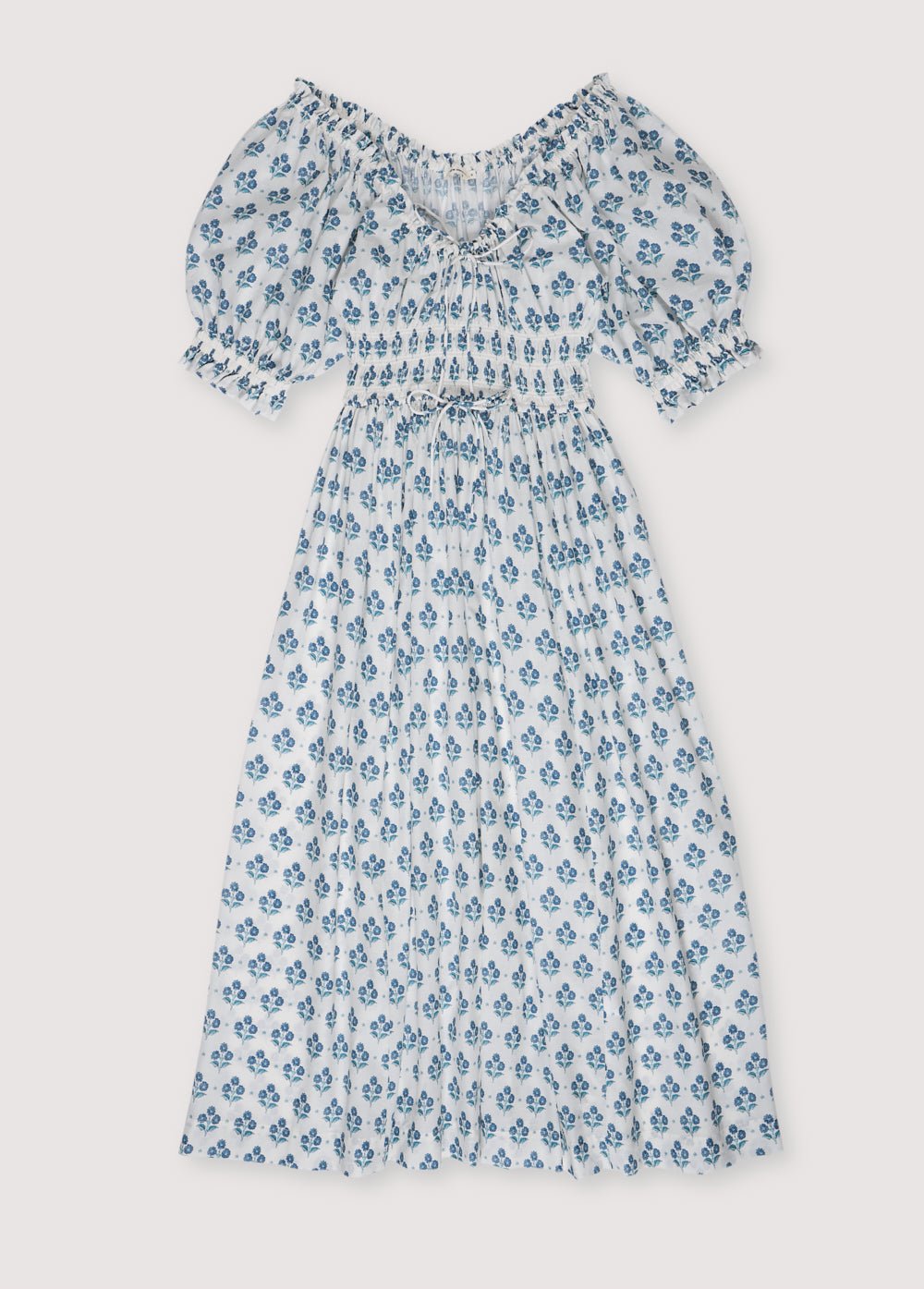 Eleni Woman Dress, our bestseller now featuring our Hyacinth print in 100% cotton poplin fabric. V-neck, elasticized, puff sleeves, and midi length. Spring Summer Collection. The New Society.
