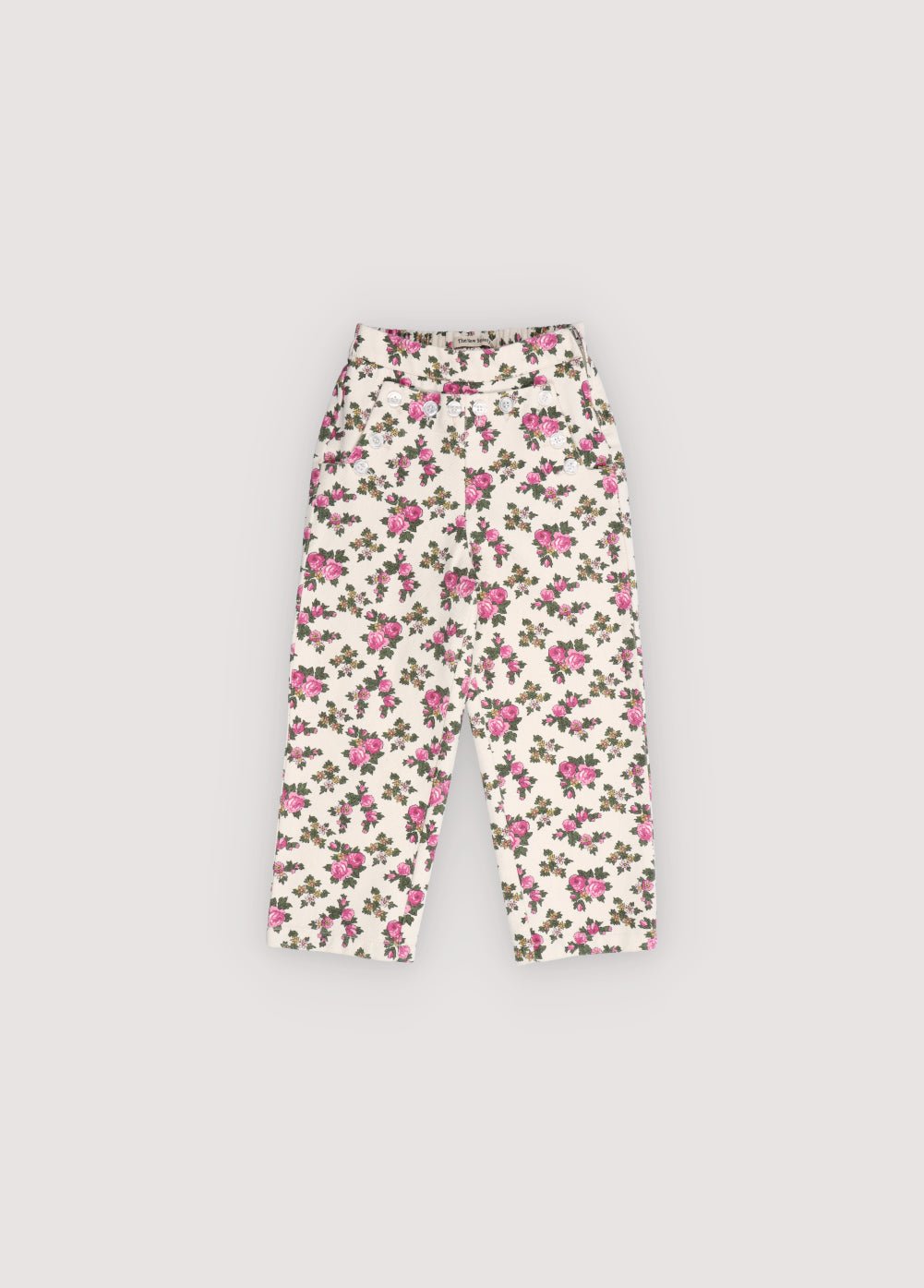 Straight-leg denim pants in the exclusive Elyse floral print, designed with an original front detail featuring tone-on-tone mother-of-pearl buttons.