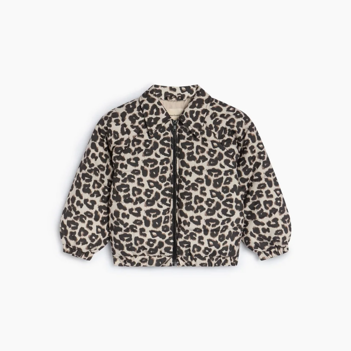 A children's puffer jacket with a brown and black leopard print pattern on a beige background, featuring a front zipper and a collar, shown against a plain white background.