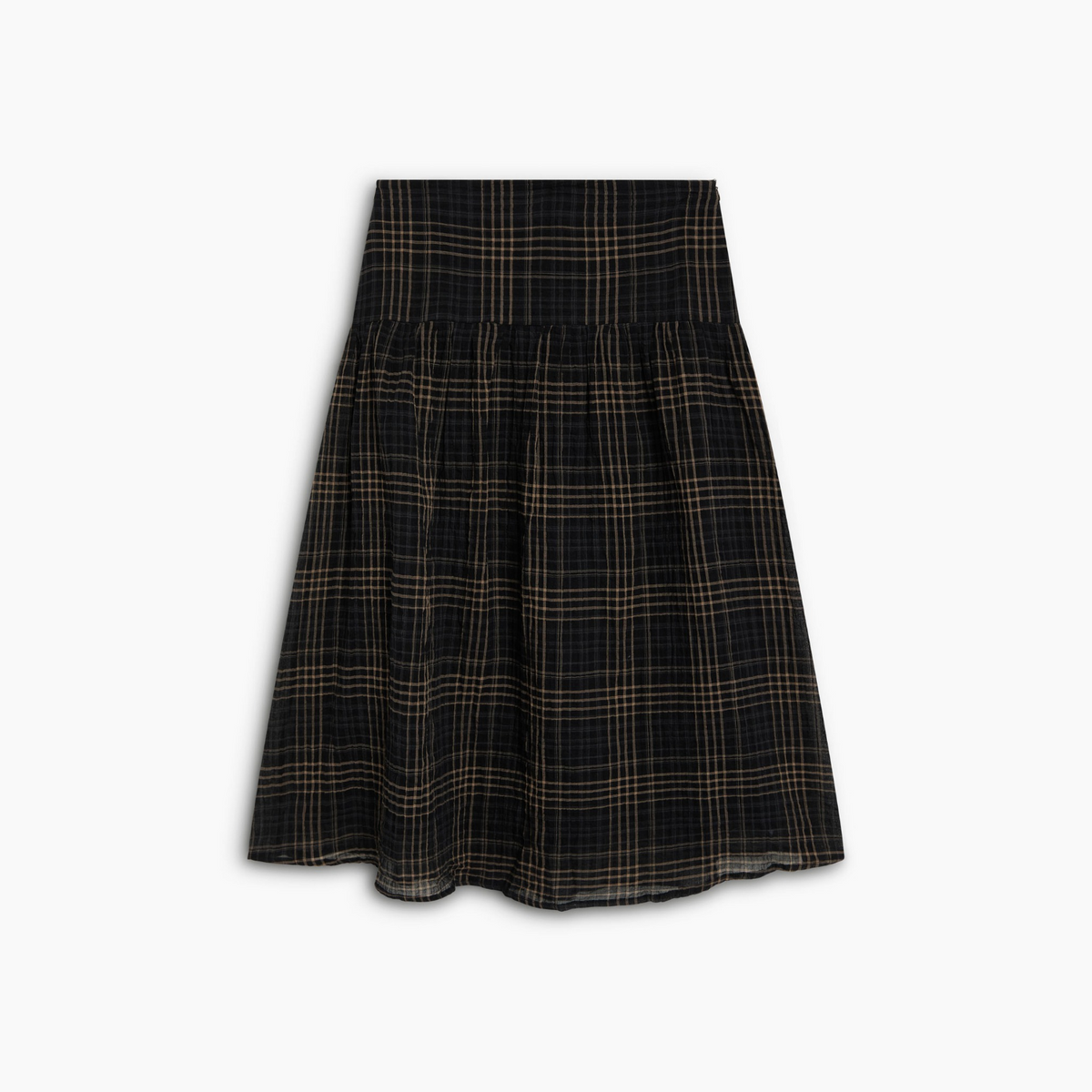A black pleated A-line skirt with a brown and beige plaid pattern, shown against a plain white background.