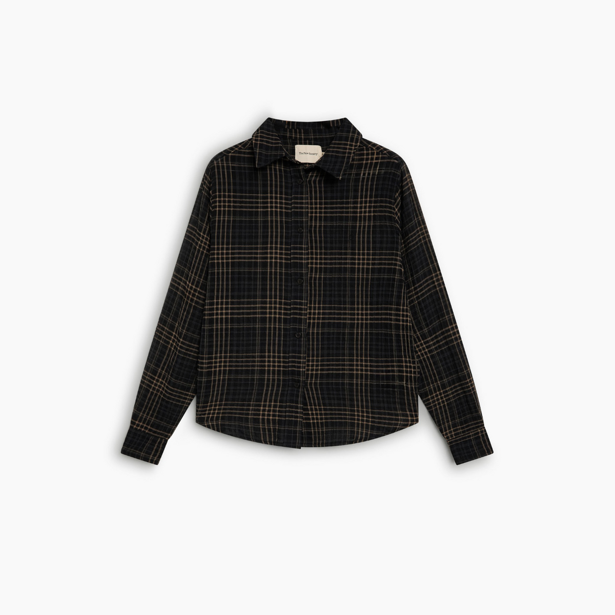 A long-sleeve button-up shirt in a black and brown plaid pattern, displayed flat against a light gray background.