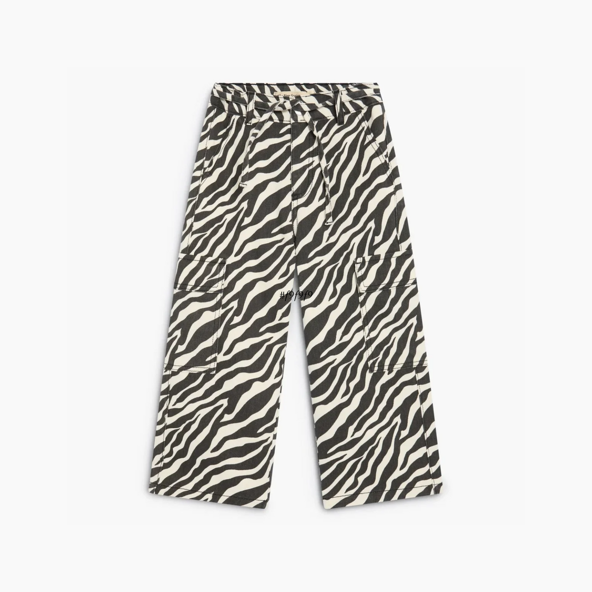 Zebra-print wide-leg pants with a drawstring waist, displayed flat against a light gray background.