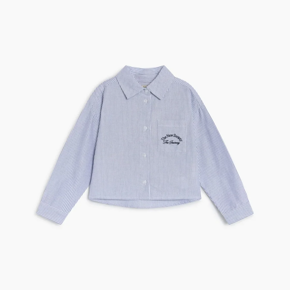 A light blue and white vertically striped long-sleeve button-up shirt with a pointed collar and a small embroidered logo on the left chest, displayed flat against a clean white background.