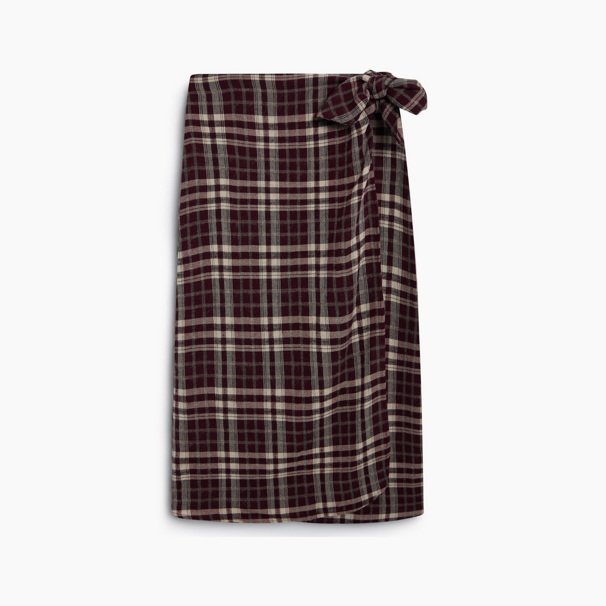 A dark burgundy plaid wrap skirt with a cream and brown checkered pattern and a side tie, shown flat against a light gray background.