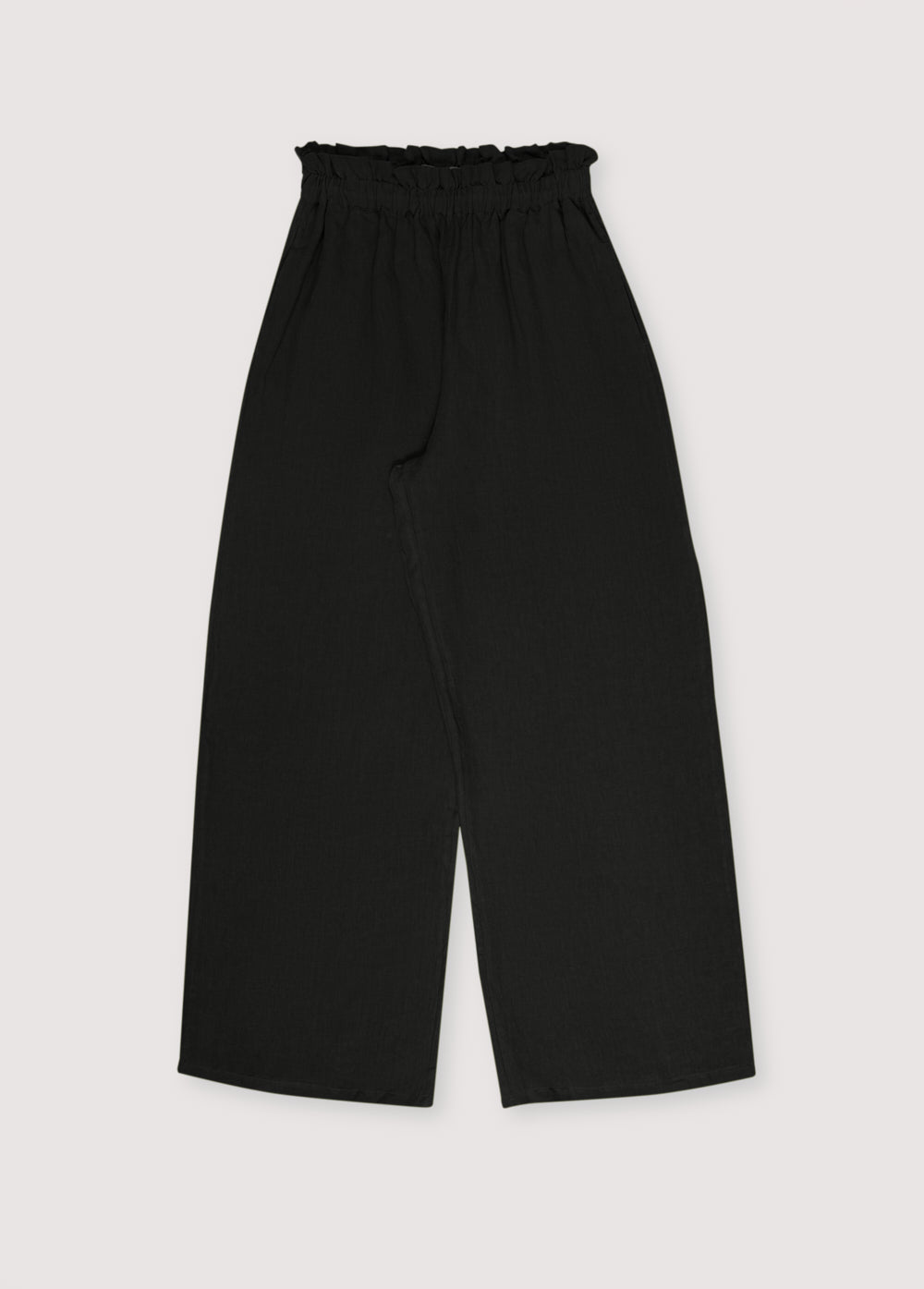 Hera Woman Pant in 100% linen, available in three colors: caviar, macadamia, and olive, to complete the total look with blouse and coat. Straight-leg pants with elastic waistband and side pockets.